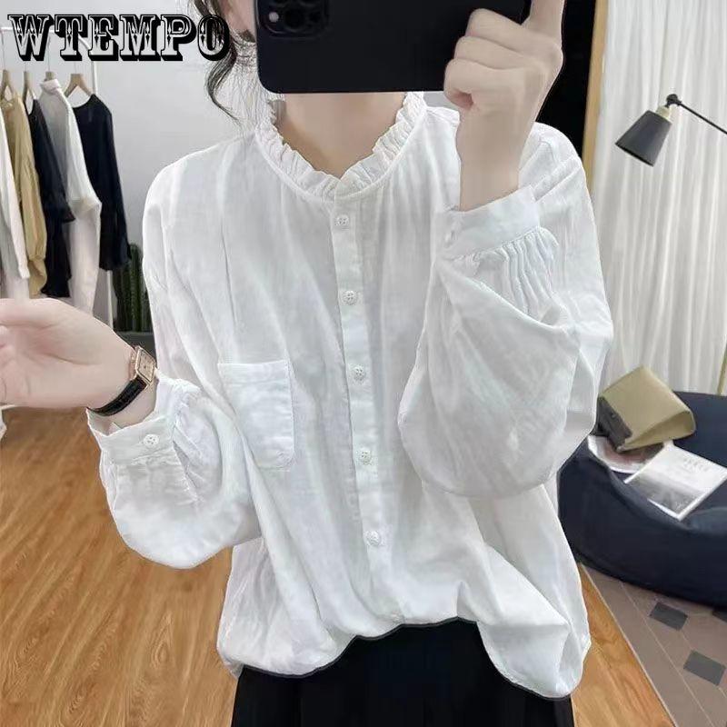 Long Sleeved Shirt for Women Solid Color Retro Loose Shirt Top for Women