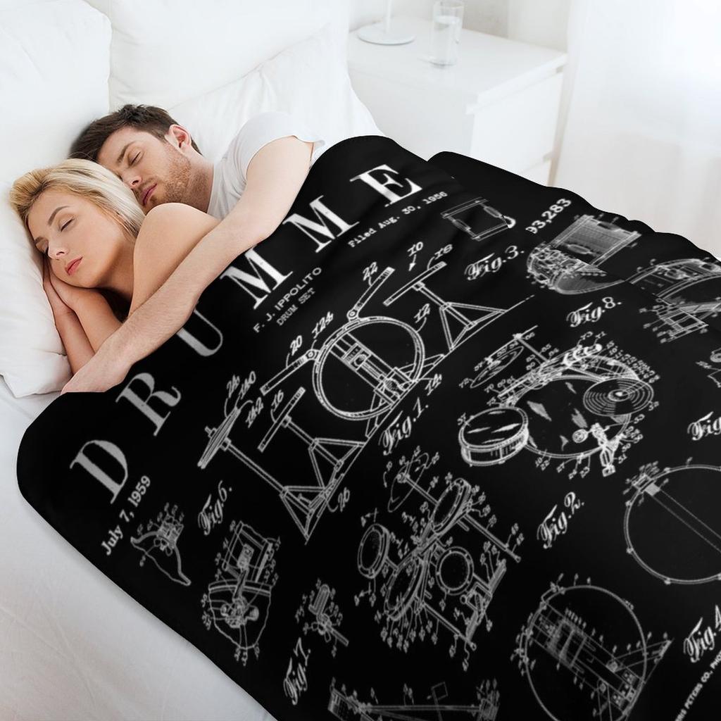 Drum Set Kit Vintage Patent Drummer Drawing Print Throw Blanket Men's Soft Warm Throw Blanket for Couch