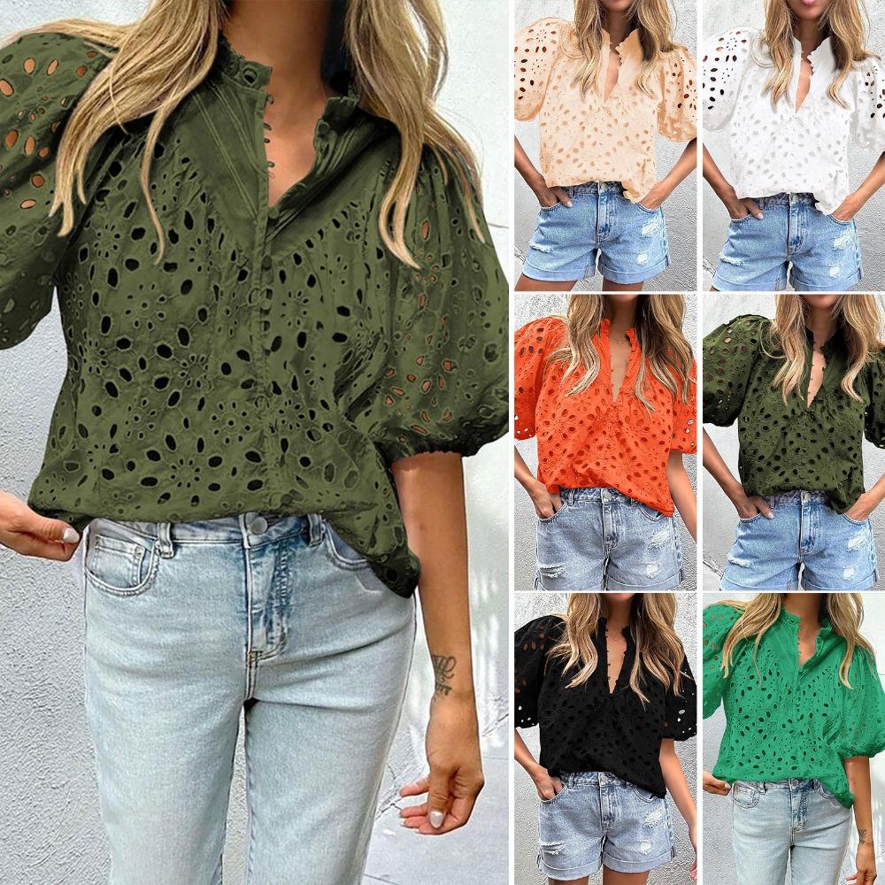 Spring and Summer Style Puff Sleeve Embroidered Shirt