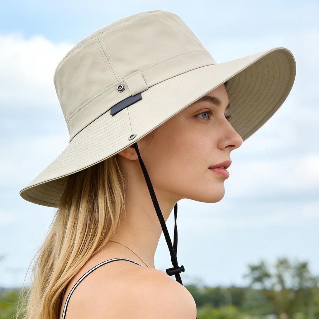 Chapeau seau de protection solaire avec mentonnière coupe-vent, Chapeau de pêche d'extérieur à large bord pour hommes femmes