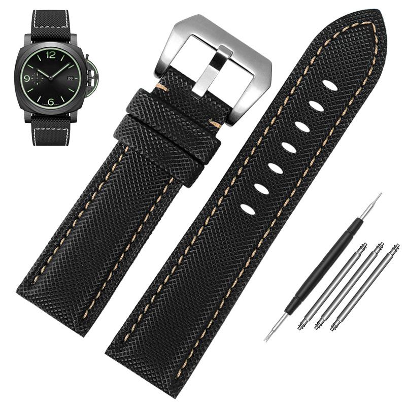 Klasyczny 24mm Pasek do Zegarka Pasujący do Panerai Luminor PAM01661 Czarny Niebieski Tkanina Nylonowa Płótno Pasek z Prawdziwej Skóry Klamra Szpilkowa