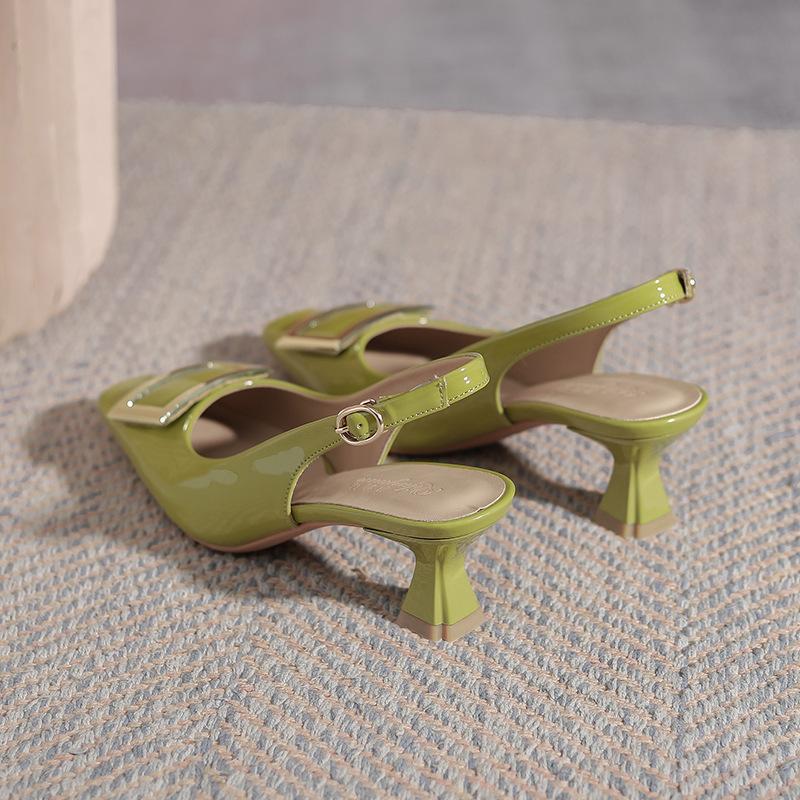 French Niche Baotou Sandals 2025 New Summer Patent Leather Square Head Empty Single Shoes Square Buckle High Heels Stiletto