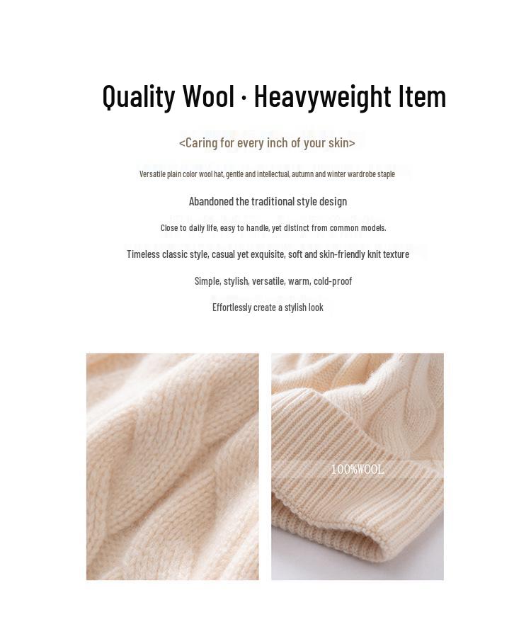 Heavyweight Thickened Wool Cashmere Knit Hat - Double Layer, Warm, Pure Color