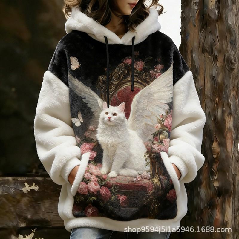 Womens Fleece Hoodie With 3D Cat Print Long Sleeve Thick Warm Sweatshirt Street Style Winter 2025