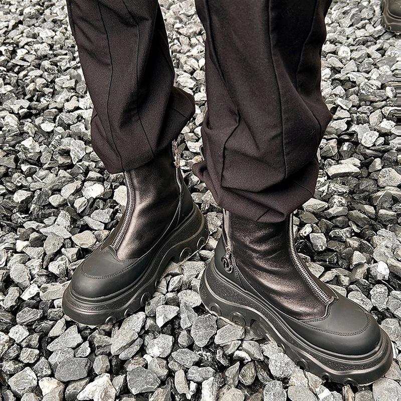 Fashion Size 34-40 Women Ankle Boots Real Leather Zipper Thick Mid Heels Shoes Fall 2025 Winter Platform Short Combat Booties