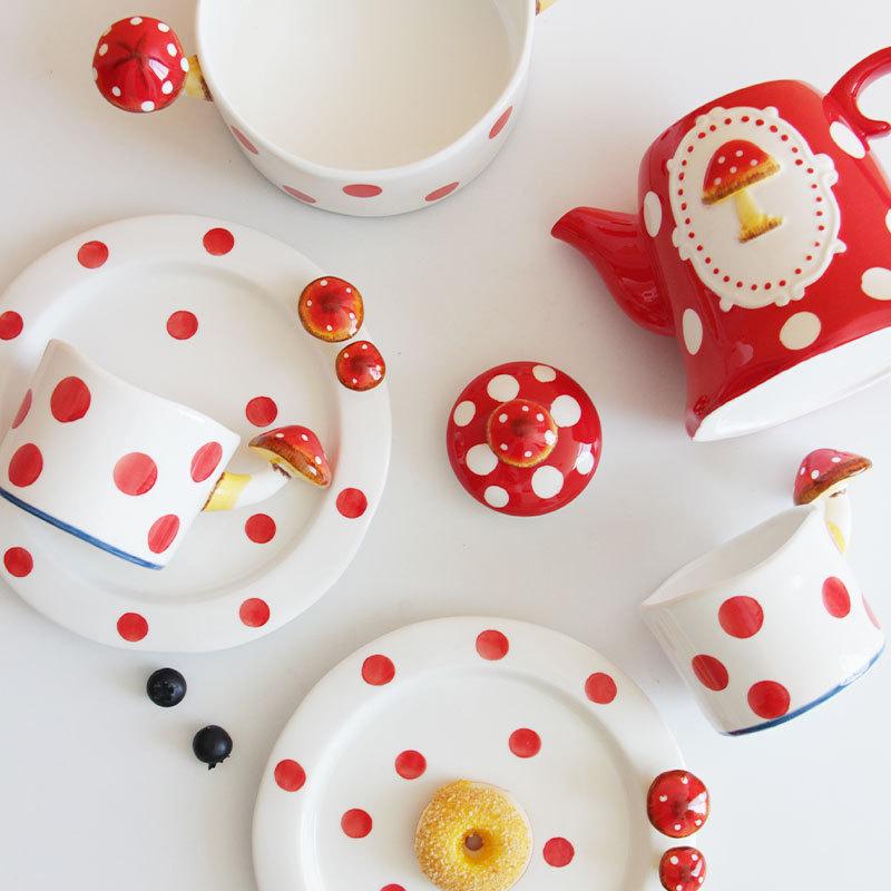 Japanese Mushroom Internet Celebrity Water Cup Wind Teapot Teacup Ceramic Instant Noodle Bowl Dessert Plate High Value Tea Set