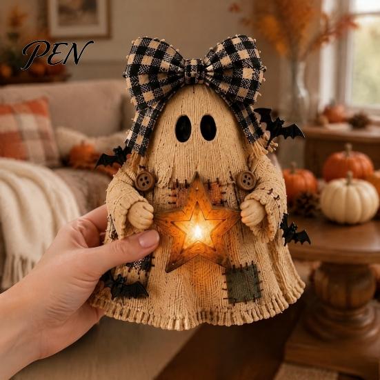 Small Apartment Ornaments Lighted Vintage Patchwork Ghost Figurine with LED Lantern, Rustic Farmhouse Halloween Figurine, Decorative Fall Figurines