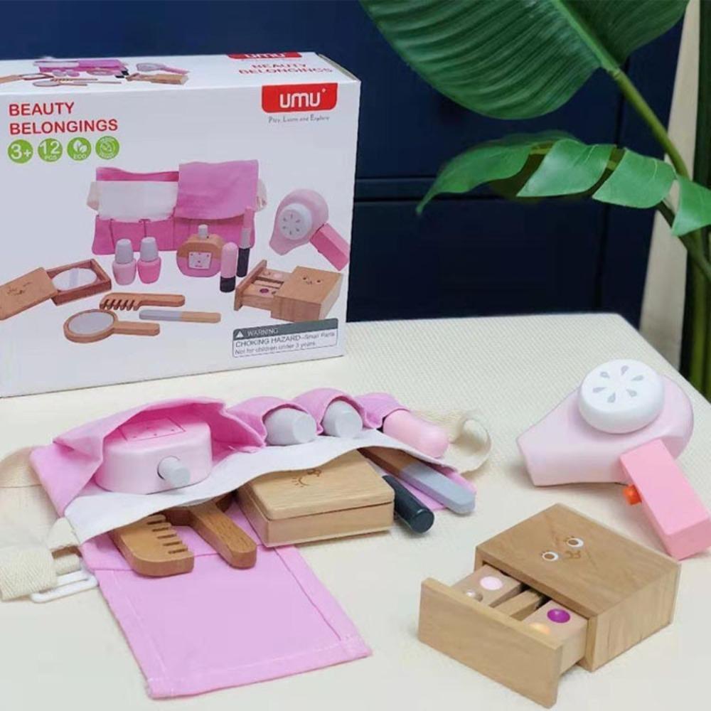 Kids Wooden Makeup Simulation Dressing Up Makeup Playing House Character Dress Up Toy Barber Bag Log Solid Wood Toy