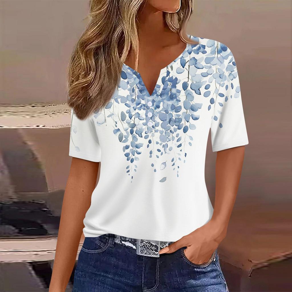 Dámské ležérní tričko s potiskem, výstřihem do V, krátkým rukávem a ozdobnými knoflíky