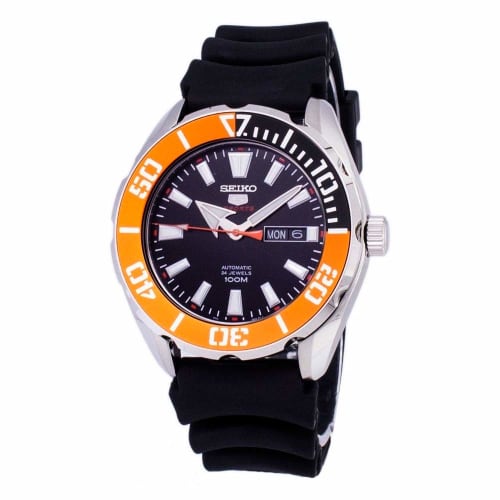 

Seiko 5 Sports SRPC59 Men s Rubber Band Orange Bezel 100M Automatic Dive Watch