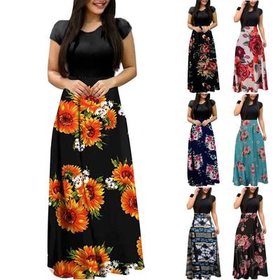 Moda damska Casual Print Okrągły dekolt Krótki rękaw Długie sukienki w dużych rozmiarach