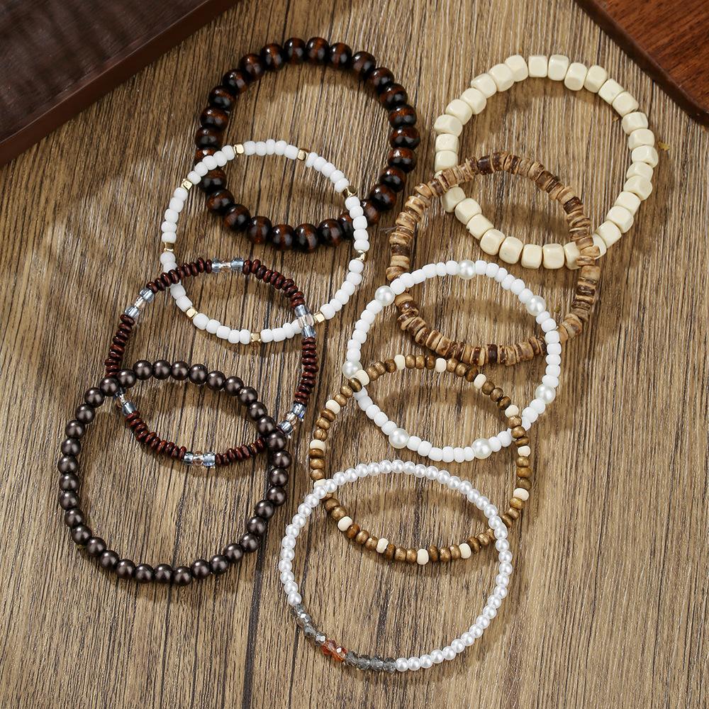 Bohemian Imitation Pearl Crystal Wood Bead Bead Bracelet Accessories Multi-Layer Wear Set Elastic Men's Bead