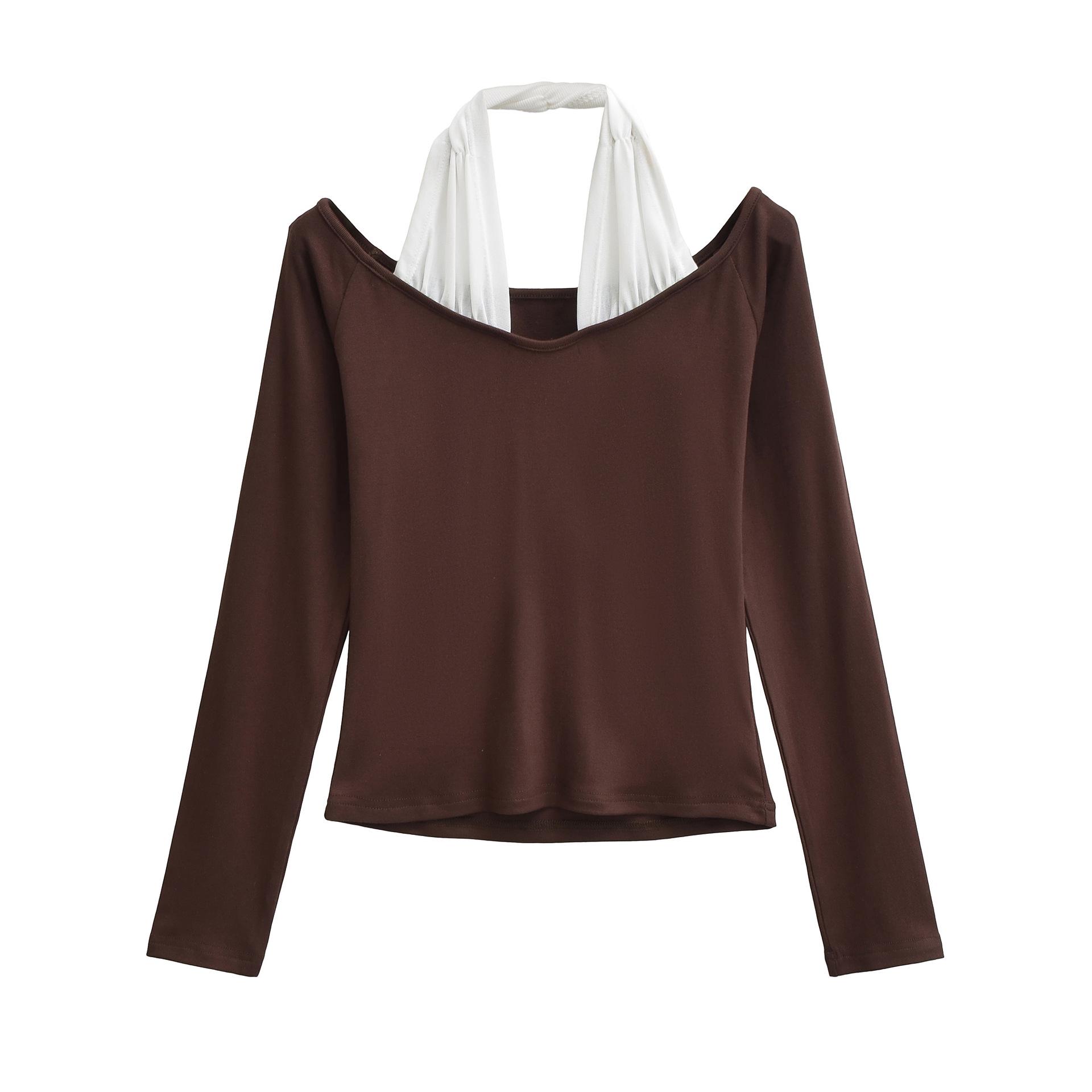 Spicy Girl One-Shoulder Patchwork Halter Long Sleeve Top - Autumn/Winter Base Layer Small кофейный