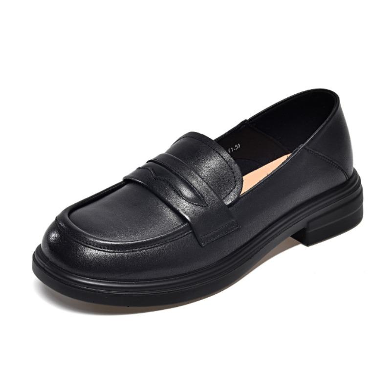 Women Round Toe Lace Up Genuine Leather Shoes 2026 Black Cowhide Thick Heel Work Shoes Women British Style Loafers Oxford Shoes