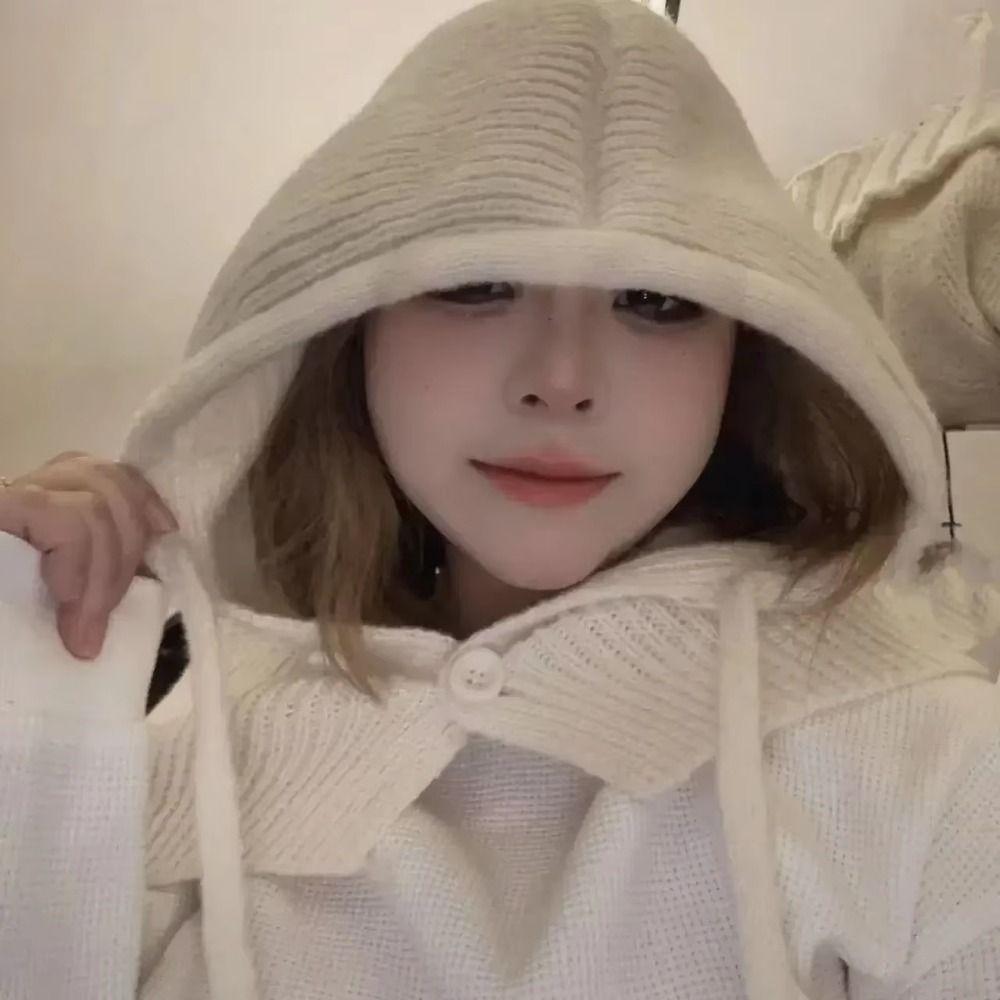 Thicken Scarf Balaclava Hats Drawstring Snood Collar Hood Knitted Beanie Cap  Women&Men