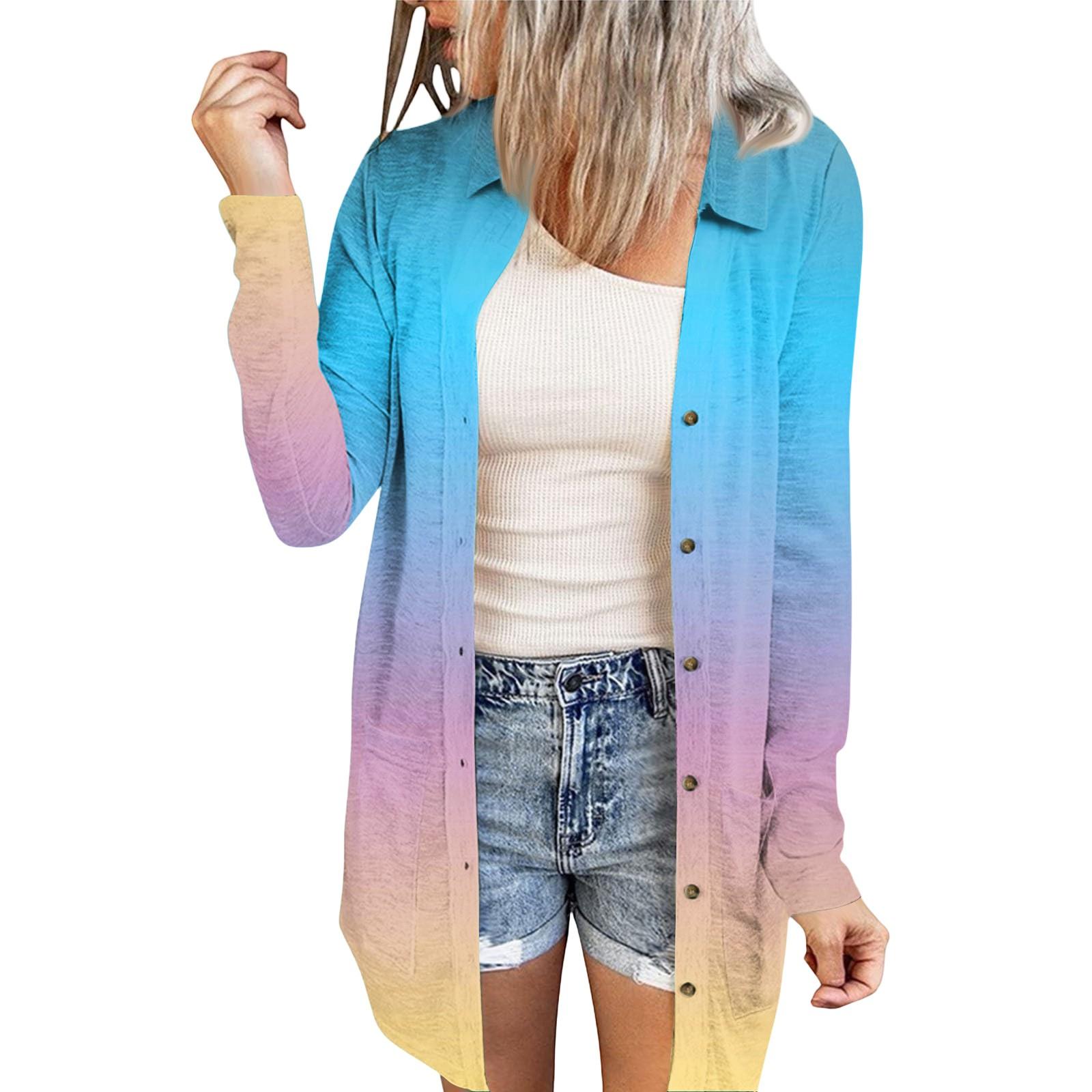 

Женский повседневный модный кардиган-жакет средней длины с длинными рукавами и цветочным принтом XL небесно-голубой