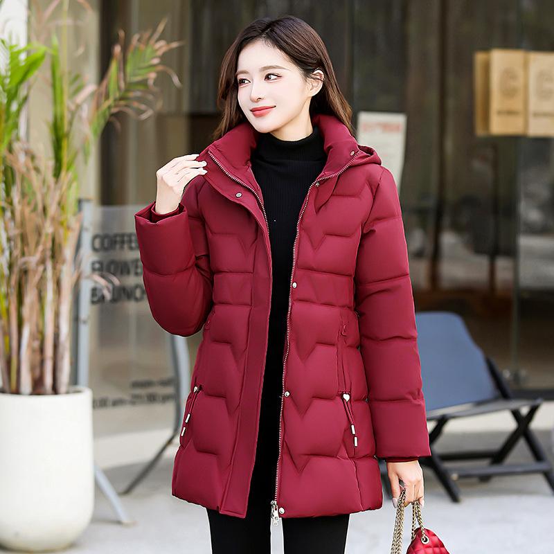 

Removable hat cotton-padded clothes women s medium and long winter down cotton-padded clothes slim-fitting new thin thickened jacket XXXL бордовий