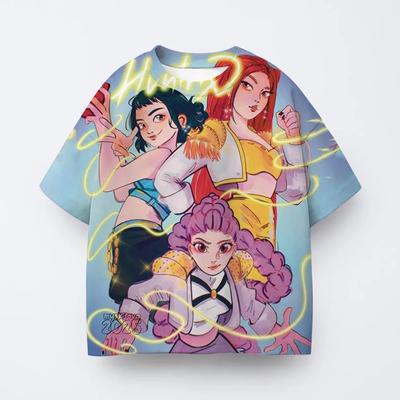 Summer New Short Sleeve Tops Boys Cartoon Kpop Witch Hunting Group Print Crewneck Base Shirt Children Fashion Wear