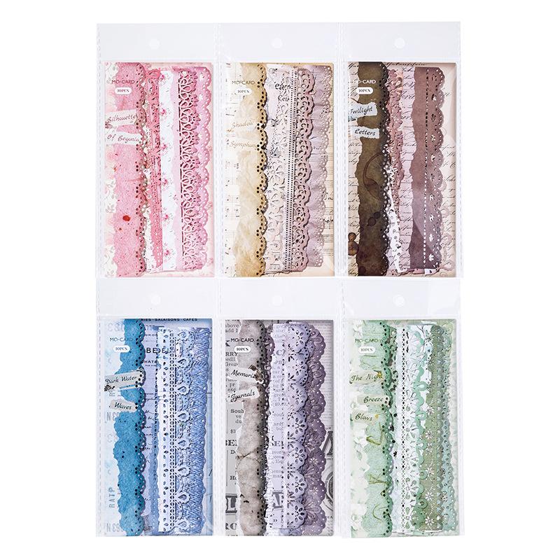 10-Sheet Vintage Long-Strip Lace Stickers, Delicate Lace Patterns for Hand Account Decoration & DIY Crafts