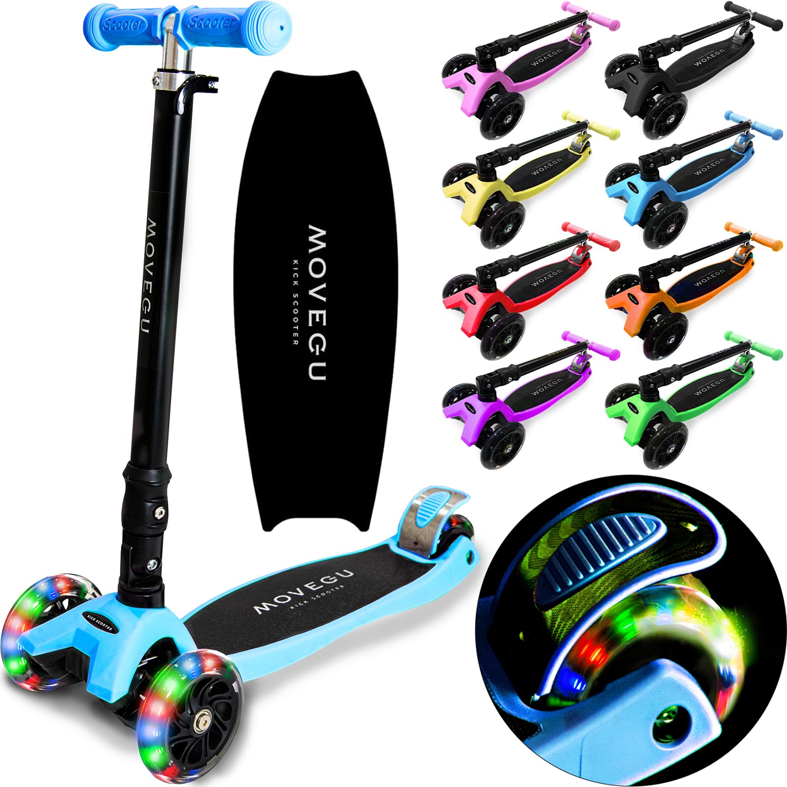 

MOVEGU Kids Kick Scooter Three-Wheel Vehicle 4-Stage Height Adjustable Lightweight Durable Foldable LED Light-up Tires Rear Wheel Brake Blue 2022FW
