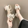 One word with bow thick heel French sandals women's summer 2025 new versatile high heel middle heel fairy style women's models