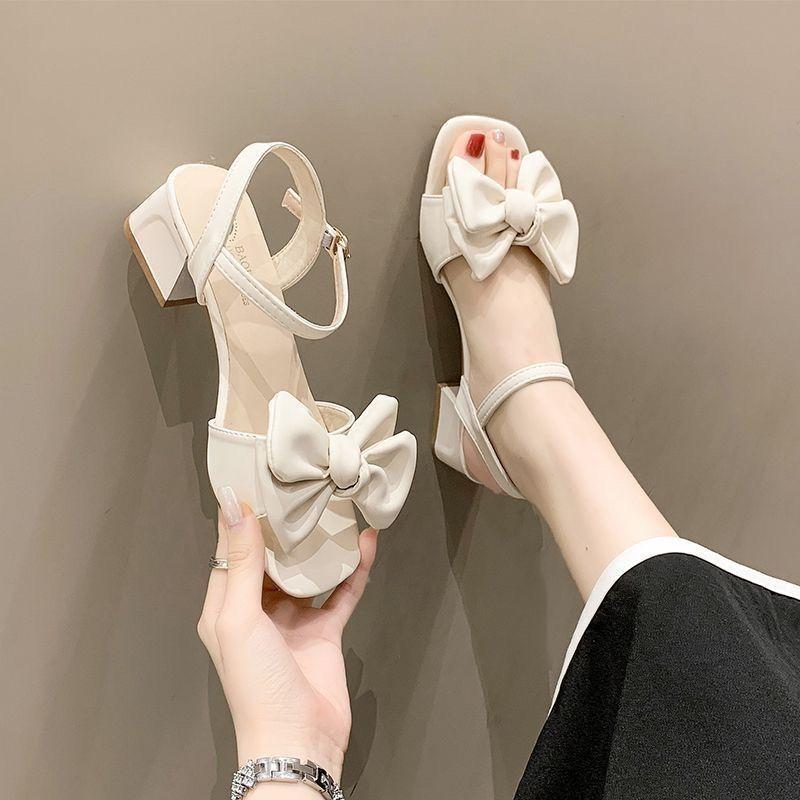 One word with bow thick heel French sandals women's summer 2025 new versatile high heel middle heel fairy style women's models