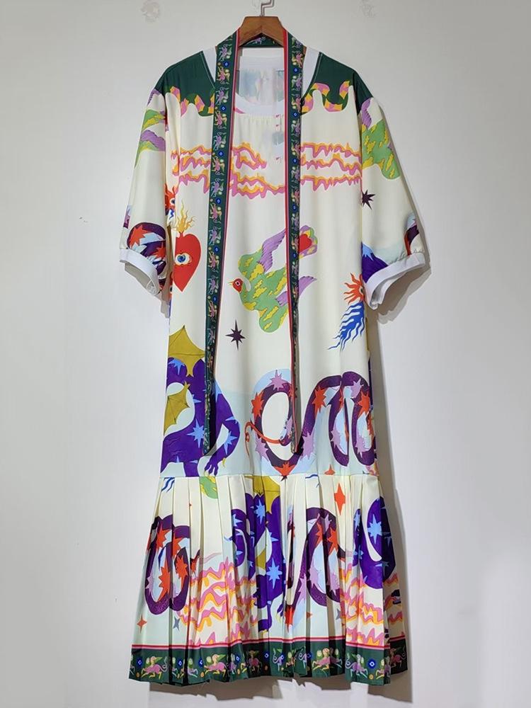 2025 Women's Retro Geometric Print Short Sleeve T-Shirt Dress with Loose Puffy Skirt