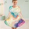 Girls Round Neck Short Sleeve Colorful Swirl Printed A Line Flared Dress