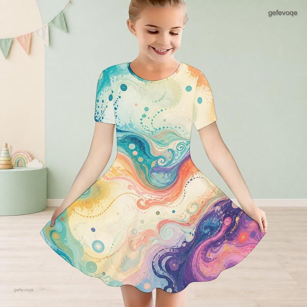 Girls Round Neck Short Sleeve Colorful Swirl Printed A Line Flared Dress