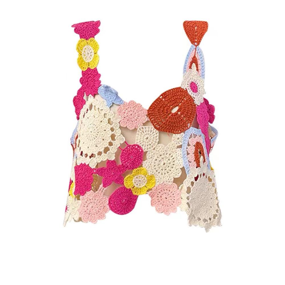Letní dopaminový dívčí barevný květinový vyšívaný tílkový top pro ženy sladký pletený top