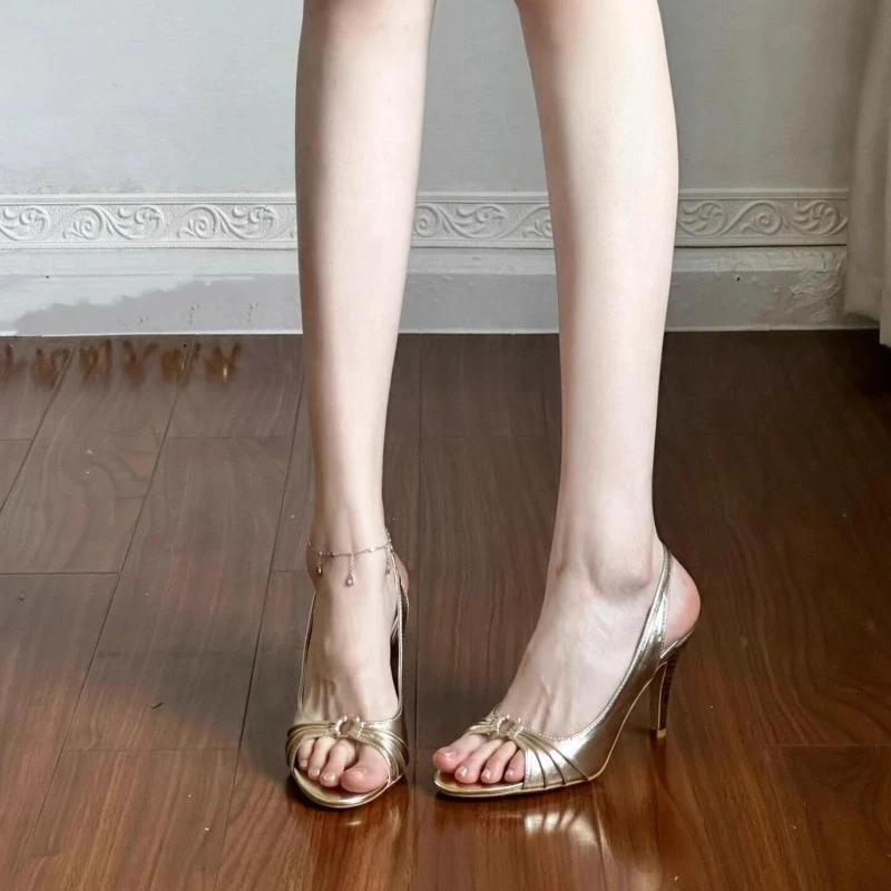 Fashion Women Summer 2025 New Open Toe Luxury Temperament Antique Gold Heels Sandals Women Sexy High Heels Sandals Stiletto Shoes Women