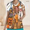 Women Plus Size V Neck Short Sleeve Scrub Top Halloween Camper Van Campfire Bat Pumpkin Print Nurse Uniform Top
