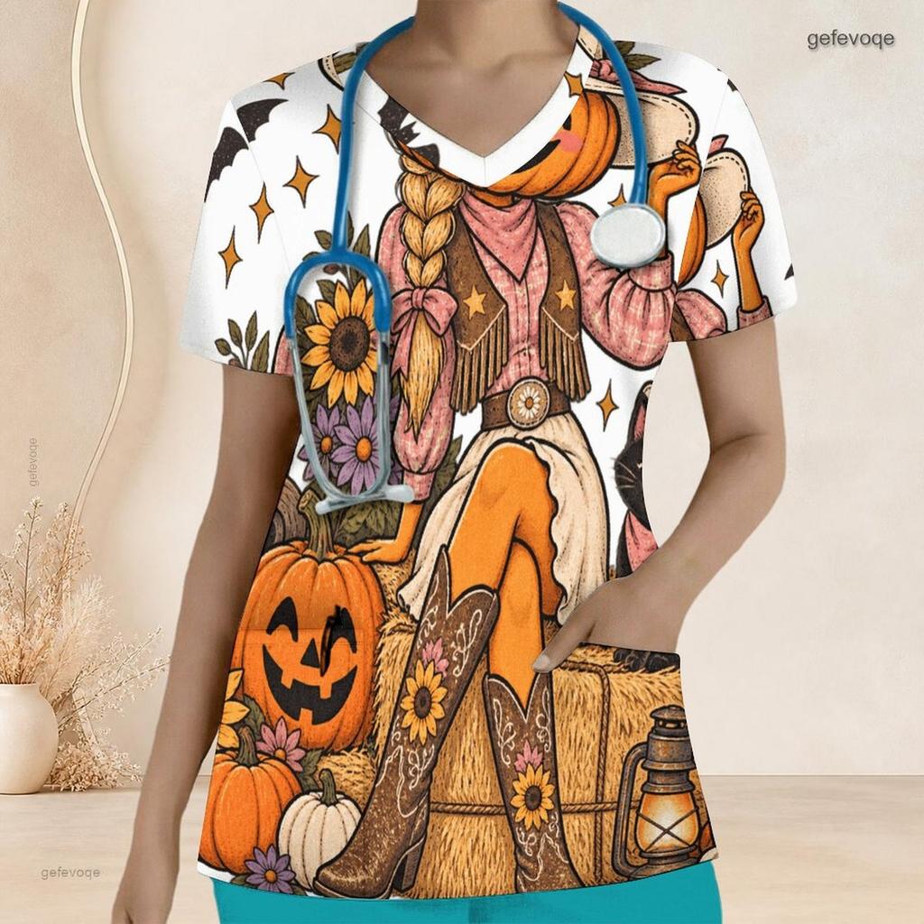 Women Plus Size V Neck Short Sleeve Scrub Top Halloween Camper Van Campfire Bat Pumpkin Print Nurse Uniform Top