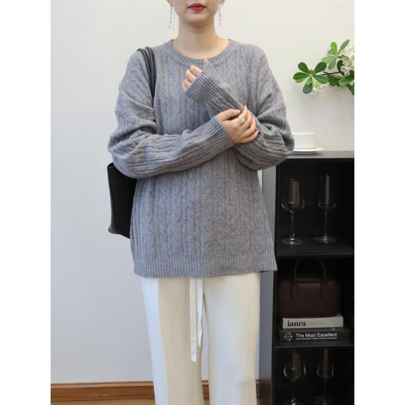 Retro twist crew neck soft waxy knitted sweater top autumn and winter new loose sweater pullover inside women