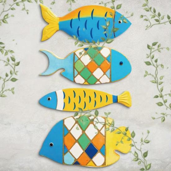 4 Pcs Wooden Fish Nautical Wall Decor Rustic Coastal Ocean Fish Wall Art Vintage Beach Lake House Hanging Sculpture for Bedroom Living Room