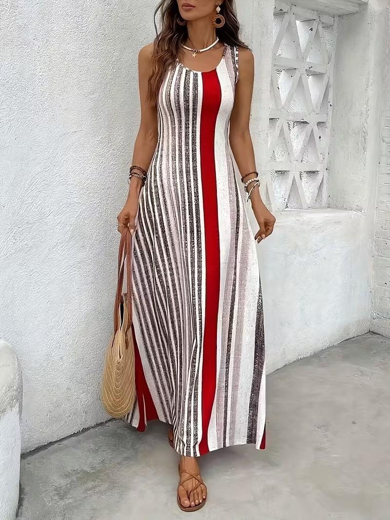 European and American new summer elegant printed striped sleeveless dress S