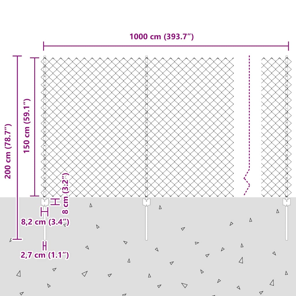 Chain Link Fence with Posts 10 x 1.5 m (W x H) Hot Dip Galvanized Steel