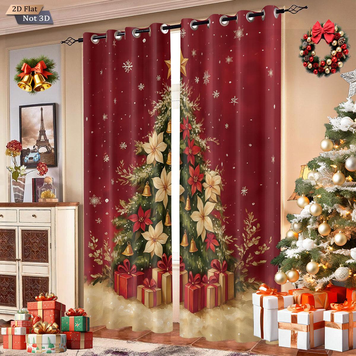 

2Pcs Christmas Tree Print Blackout Curtains Multiple Size Living Room Bedroo Holiday Insulation Decoration, Machine Washable 140x160&Grommet Top