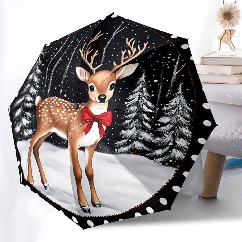 1pc Winter Deer Automatic Folding Umbrella   Compact 8 Rib Design, Durable Iron Frame for Travel, Outdoor,  a0920075