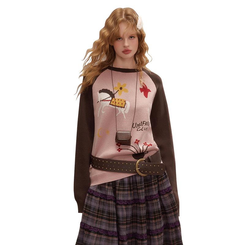 

UNIFREE American Style Color Block Jacquard Knit Sweater S