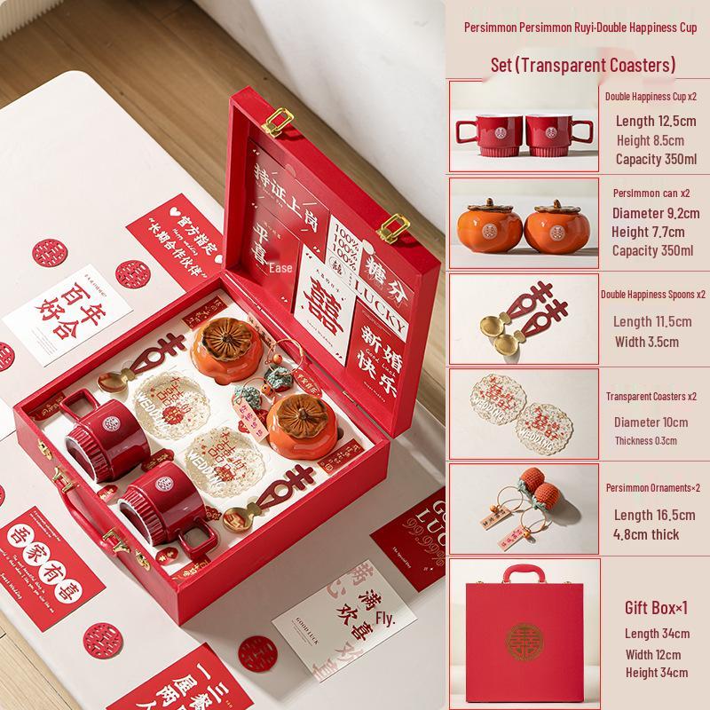 Persimmon Ruyi Wedding Gift Set: Double Happiness Cups for Newlyweds or Bestie's Engagement