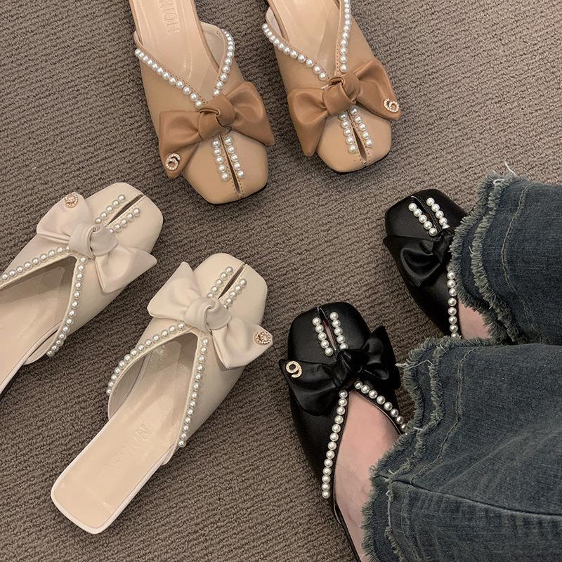 Baotou slippers spring wear 2025 new Korean version bow pearl flat bottom soft bottom mouth cool retro half slippers