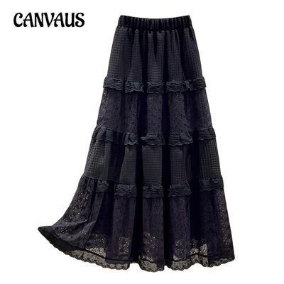 Spring and Autumn Women's Skirts High Waist Thin Versatile Medium-length Section Hollow Crochet A-line Skirt Half-body Skirt Umbrella Skirt Cake Skirt