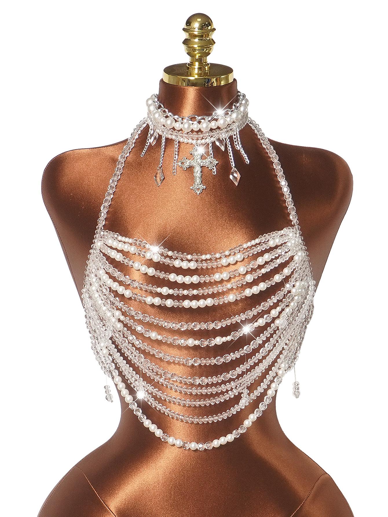 New Summer Beach Nightclub Handmade Beads Multi-layer Acrylic Beaded Chest Chain Jewel Bra Transparent Body Chain Top Vest One size