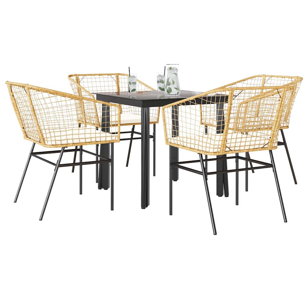 5 Piece Outdoor Dining Set with Cushions Brown Poly Rattan & Glass