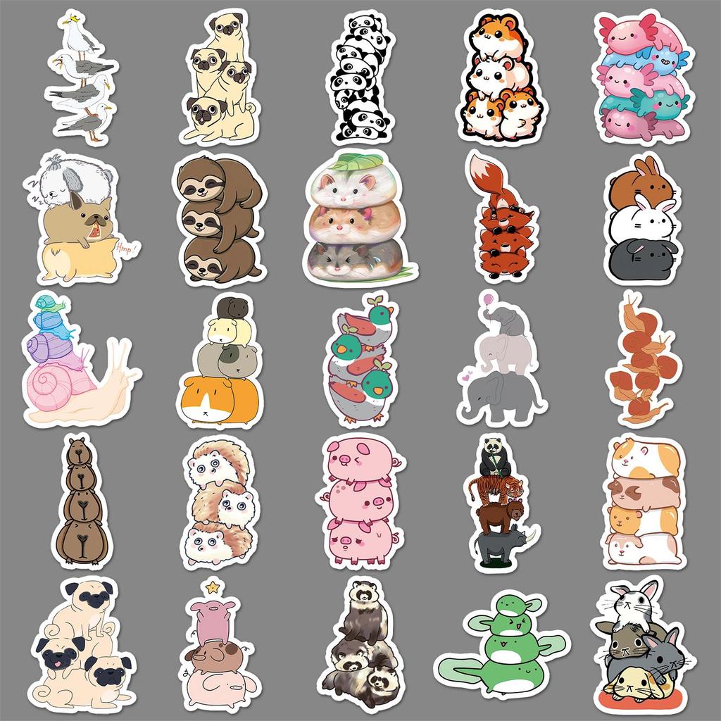 50 Stackable Cute Cartoon Animal Stickers - Waterproof for Decor, Journals, Thermos Cups