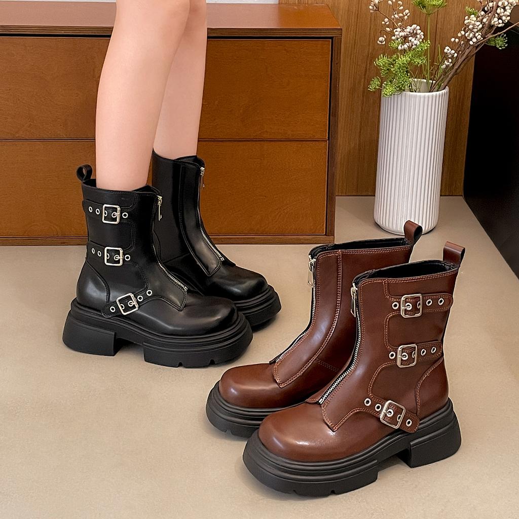 Queen Fan Black British Style Platform Martin Boots Women's 2025 New Autumn Small Man Height Increasing Skinny Short Boots