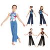 Mädchen Lyrischer Tanz Bedruckter Jumpsuit Rollkragen Ärmellos Patchwork Gespaltene Lange Hose mit Eingearbeitetem Slip für Bühnenauftritte
