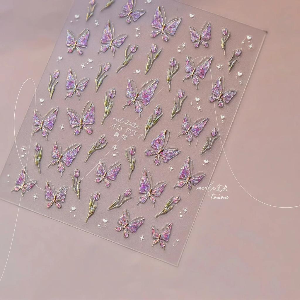 Gradient White Pink Butterfly Flower Shiny Stars Chic Spring Petal 5D Soft Adhesive Nail Art Stickers Decorations Manicure Decal