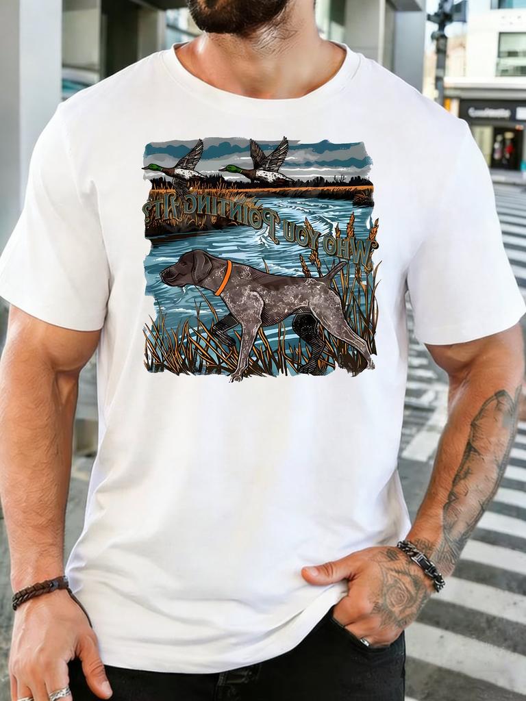 Black Mens Tee Hunting Dog Duck Lake Scene Print Crew Neck Cotton Short Sleeve Male Street Summ